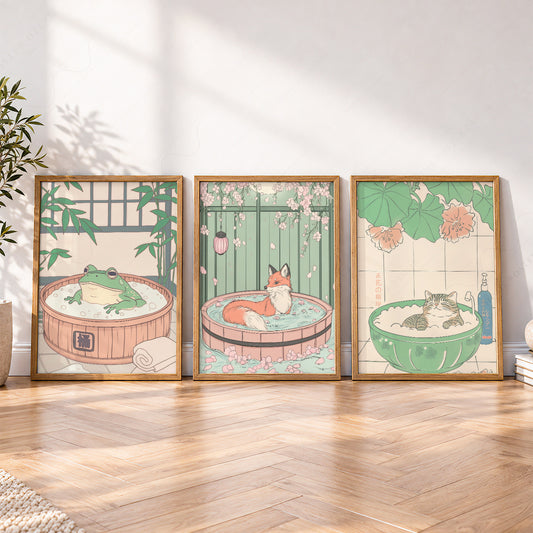 Japanese Spa Animals Print Set – Cat Fox Frog Nursery Wall Art Decor – 66-04 — artwork preview 4