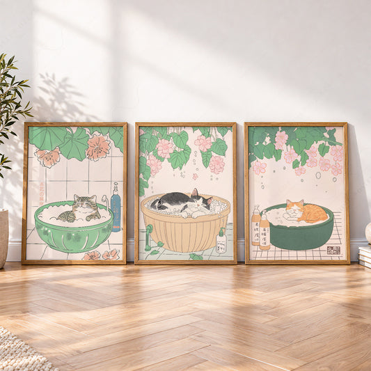 Japanese Cat Spa Print Set of 3 – Japandi Bathroom Wall Art Posters – 66-06 — artwork preview 4