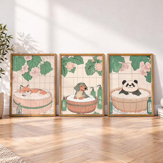 Japanese Bath Animals Art Print Set – Fox Panda Dog Nursery Wall Decor – 66-07 — artwork preview 4