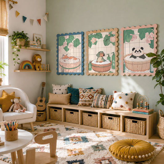 Japanese Bath Animals Art Print Set – Fox Panda Dog Nursery Wall Decor – 66-07 — artwork preview 10