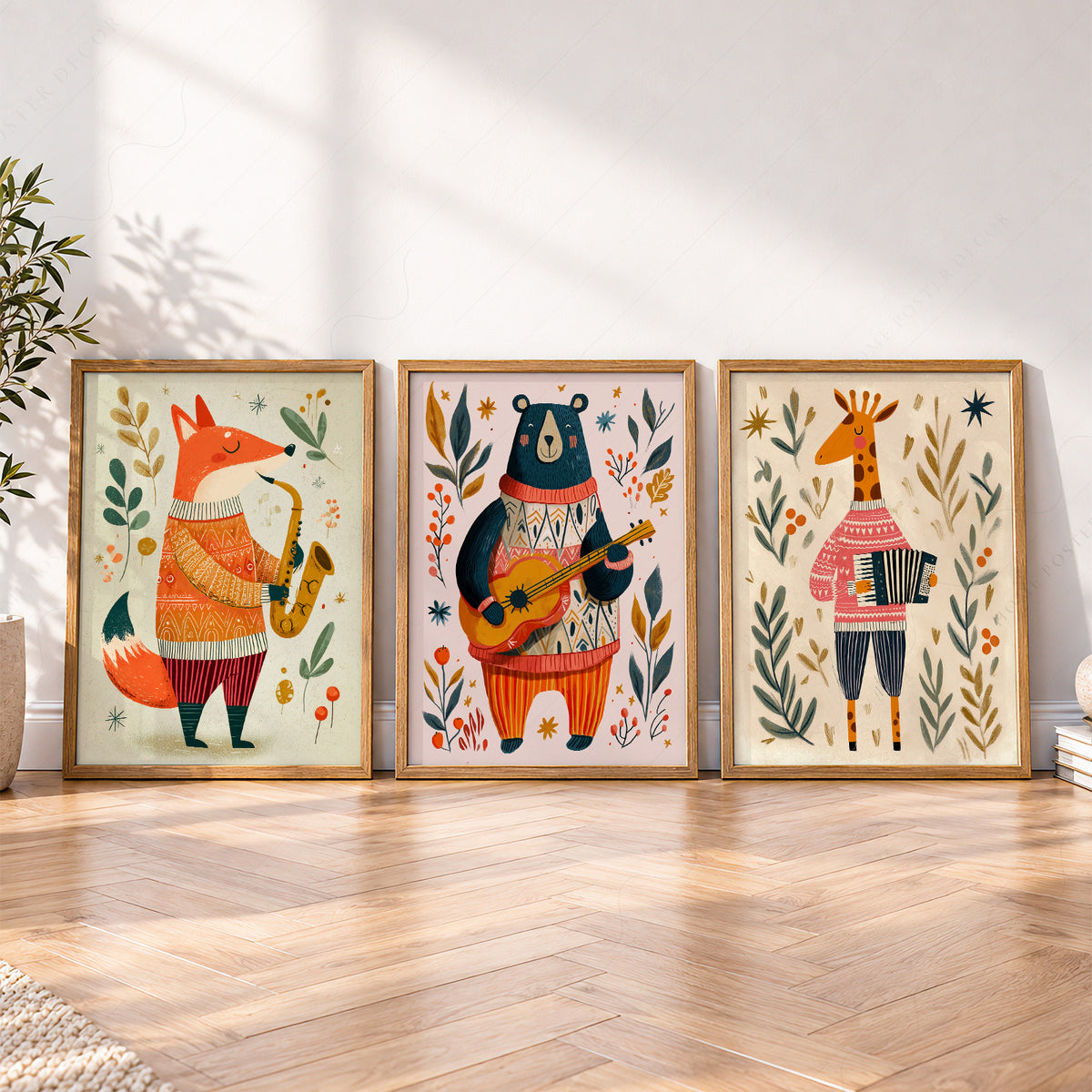 Musical Animal Nursery Print Set – Fox Bear Giraffe Kids Wall Art – 67-08 — artwork preview 4
