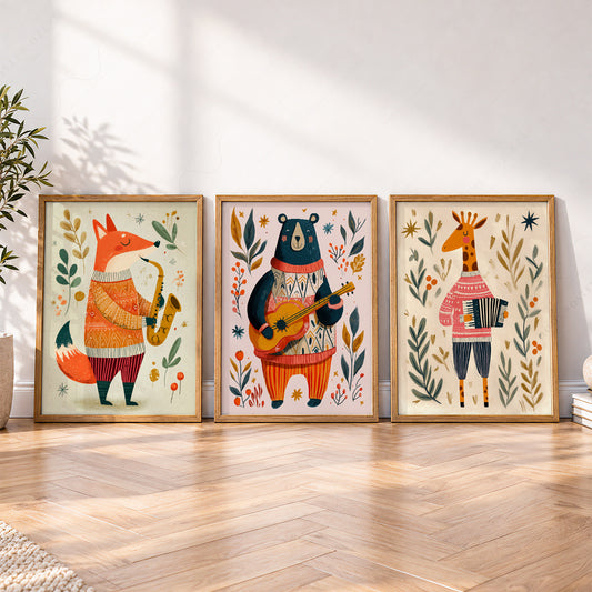 Musical Animal Nursery Print Set – Fox Bear Giraffe Kids Wall Art – 67-08 — artwork preview 4