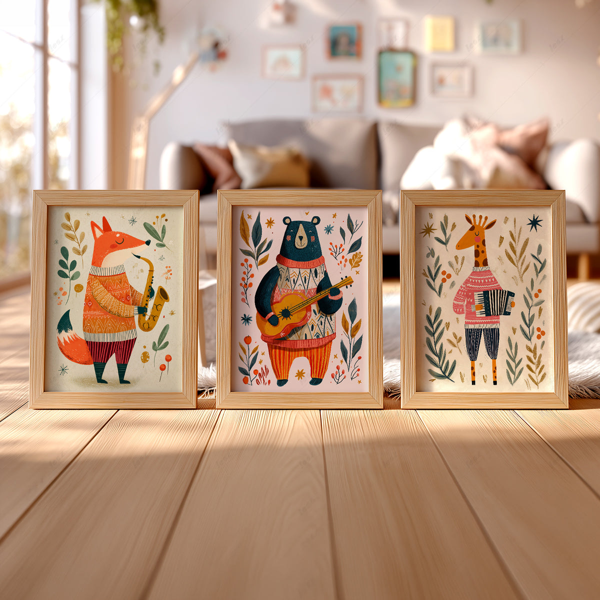 Musical Animal Nursery Print Set – Fox Bear Giraffe Kids Wall Art – 67-08 — artwork preview 13
