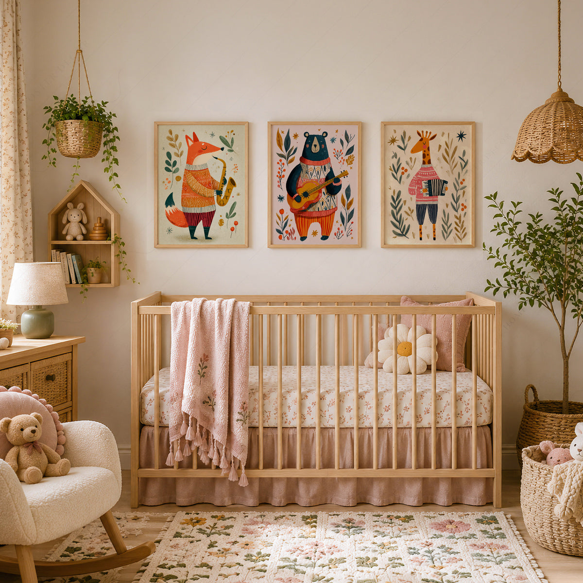 Musical Animal Nursery Print Set – Fox Bear Giraffe Kids Wall Art – 67-08 — artwork preview 22