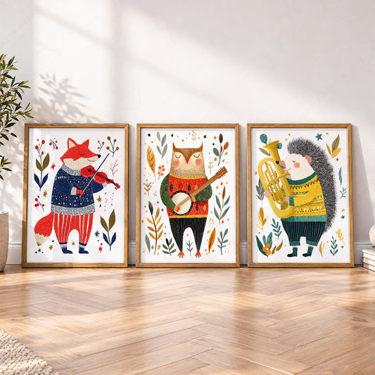Woodland Animal Musician Print Set of 3 – Whimsical Nursery Wall Art – 67-11 — artwork preview 4