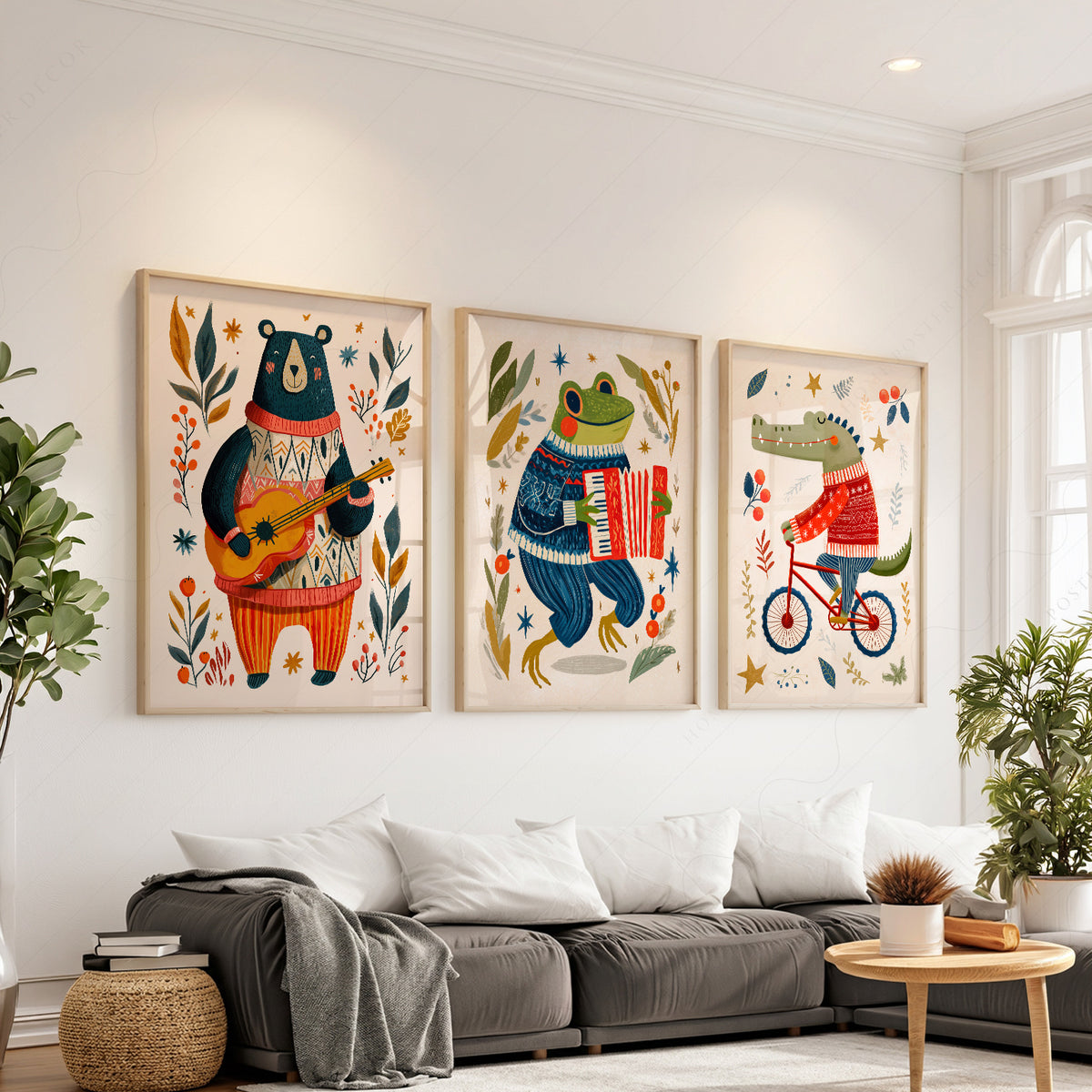 Whimsical Animal Print Set of 3 – Bear Frog and Crocodile Wall Art – 67-09 — artwork preview 1