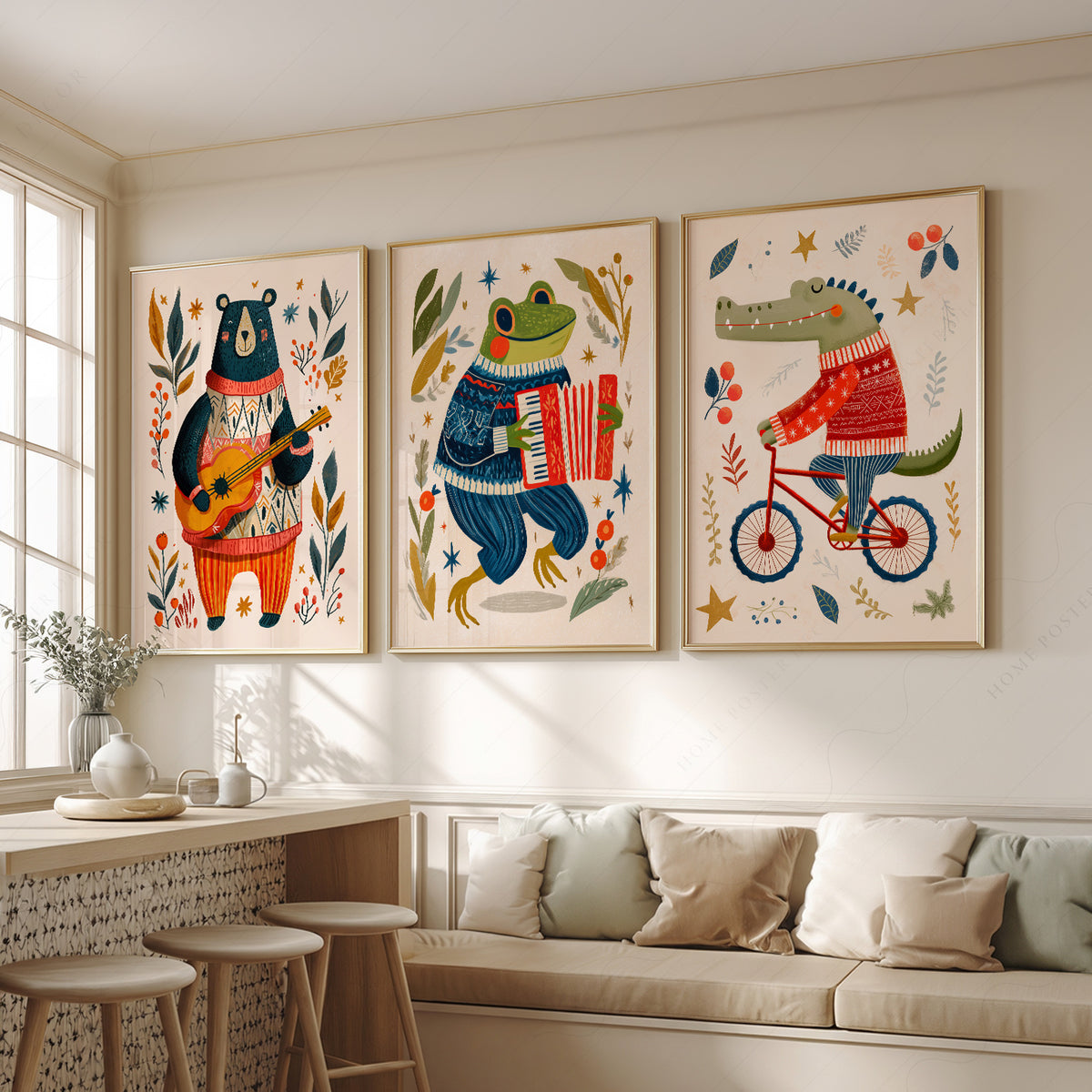Whimsical Animal Print Set of 3 – Bear Frog and Crocodile Wall Art – 67-09 — artwork preview 2