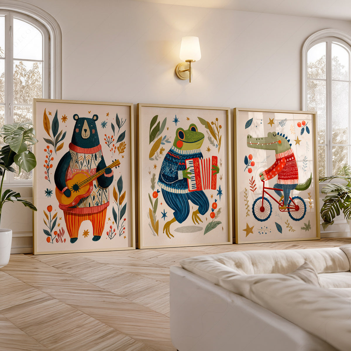 Whimsical Animal Print Set of 3 – Bear Frog and Crocodile Wall Art – 67-09 — artwork preview 5