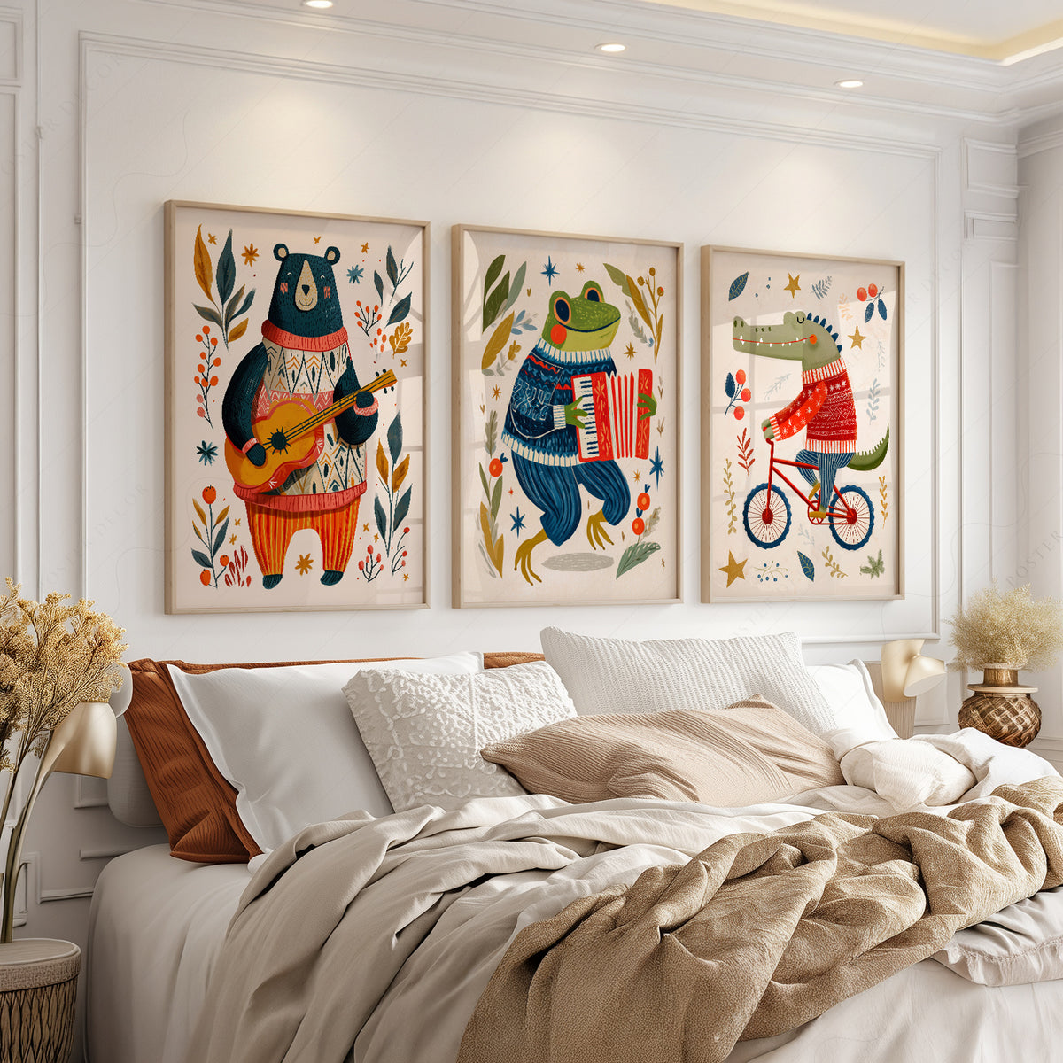 Whimsical Animal Print Set of 3 – Bear Frog and Crocodile Wall Art – 67-09 — artwork preview 3