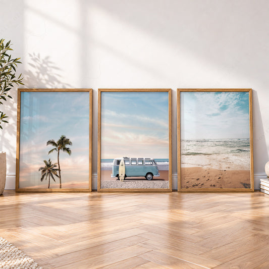 Beach Triptych Set of 3 Prints – Coastal VW Van Palm Tree Ocean Wall Art – 08 — artwork preview 4