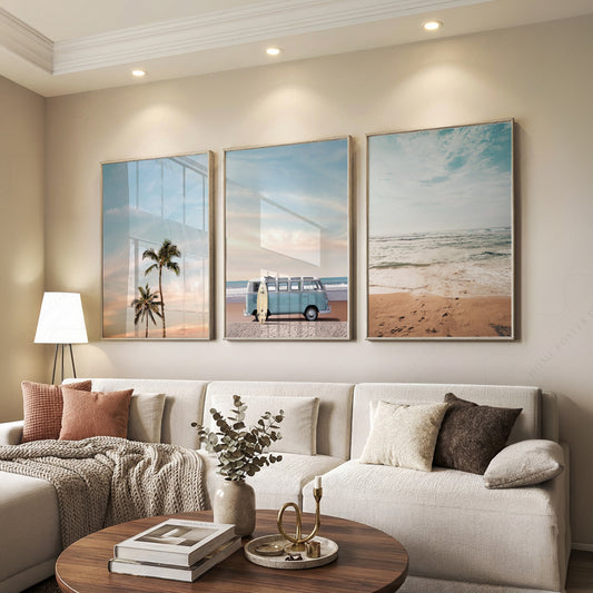 Beach Triptych Set of 3 Prints – Coastal VW Van Palm Tree Ocean Wall Art – 08 — artwork preview 7
