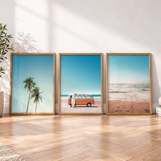 Set of 3 Beach Prints – Orange Kombi Van Palm Tree Ocean Wall Art – 22-12 — artwork preview 4