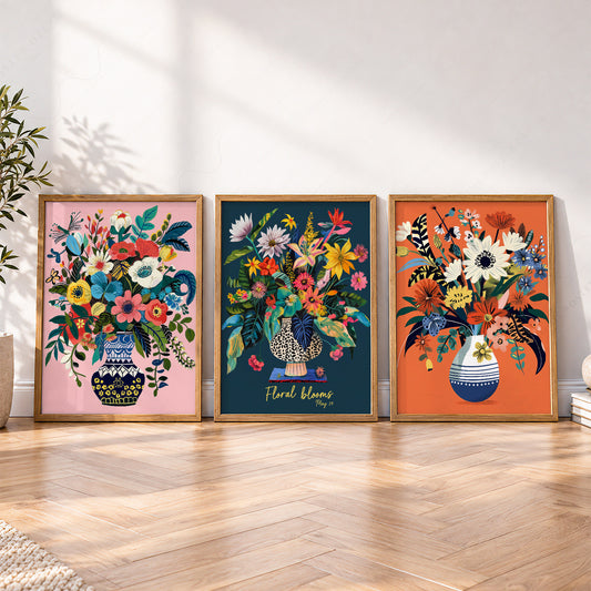 Floral Blooms Triptych Art Print Set – Vibrant Botanical Wall Decor – 106-01 — artwork preview 4