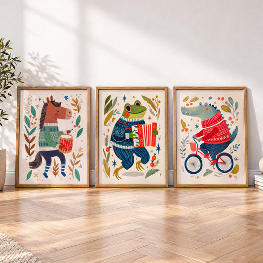 Whimsical Animal Nursery Art Set of 3 – Folk Style Kids Wall Decor Prints – 67-30 — artwork preview 4