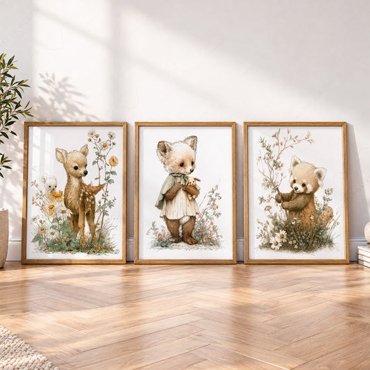 Woodland Nursery Art Set of 3 – Deer Fox Red Panda Storybook Prints – 70-01 — artwork preview 4