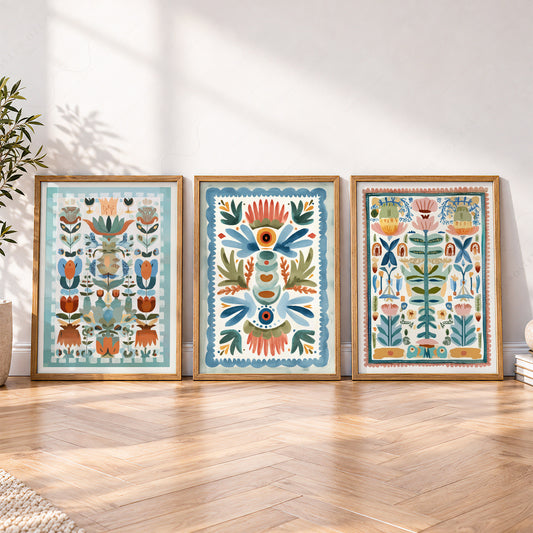Boho Folk Art Floral Print Set of 3 – Tapestry Style Wall Decor – 69-02 — artwork preview 4