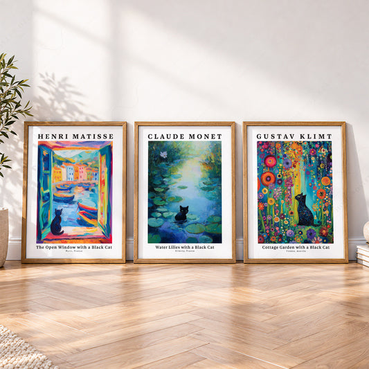Black Cat Art Print Set of 3 – Matisse Monet Klimt Style Wall Art – 62-15 — artwork preview 4