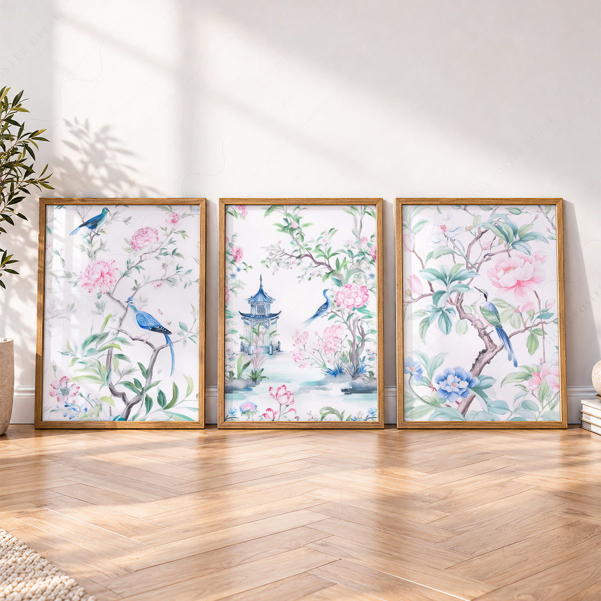 Chinoiserie Bird and Floral Print Set of 3 – Pink Botanical Wall Art – 55-12 — artwork preview 4