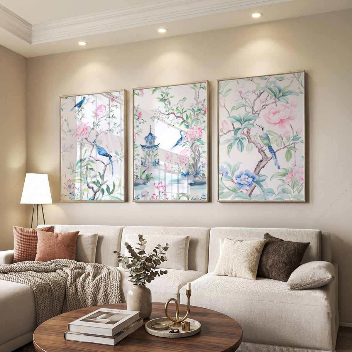 Chinoiserie Bird and Floral Print Set of 3 – Pink Botanical Wall Art – 55-12 — artwork preview 7