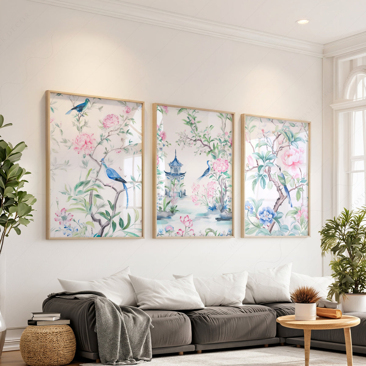 Chinoiserie Bird and Floral Print Set of 3 – Pink Botanical Wall Art – 55-12 — artwork preview 1