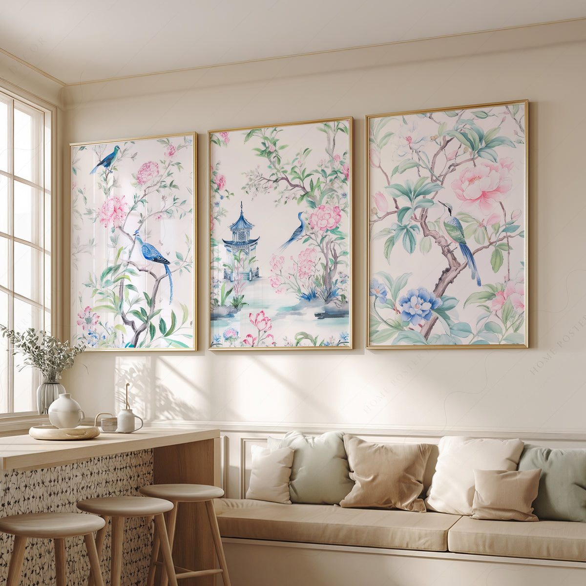 Chinoiserie Bird and Floral Print Set of 3 – Pink Botanical Wall Art – 55-12 — artwork preview 2