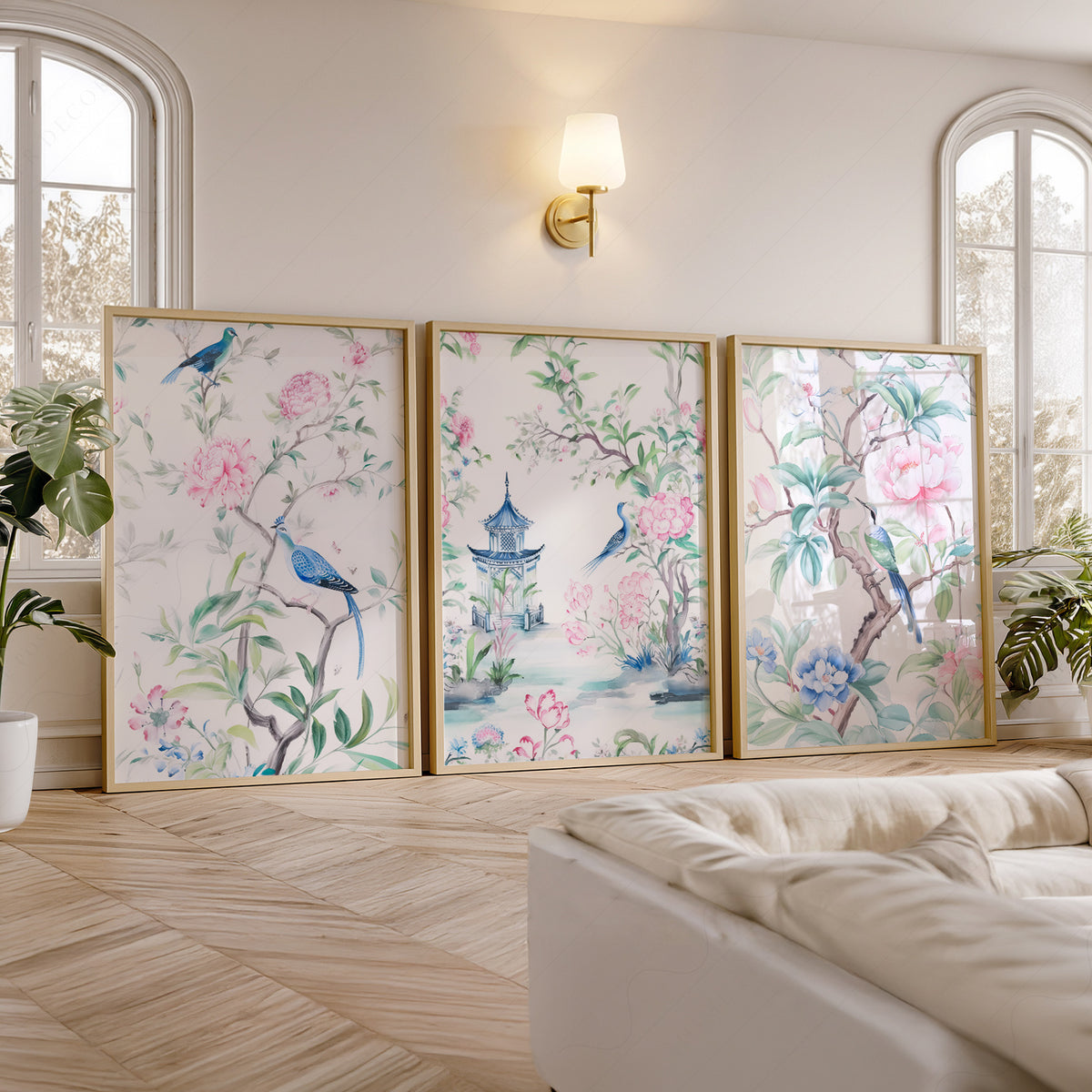 Chinoiserie Bird and Floral Print Set of 3 – Pink Botanical Wall Art – 55-12 — artwork preview 5