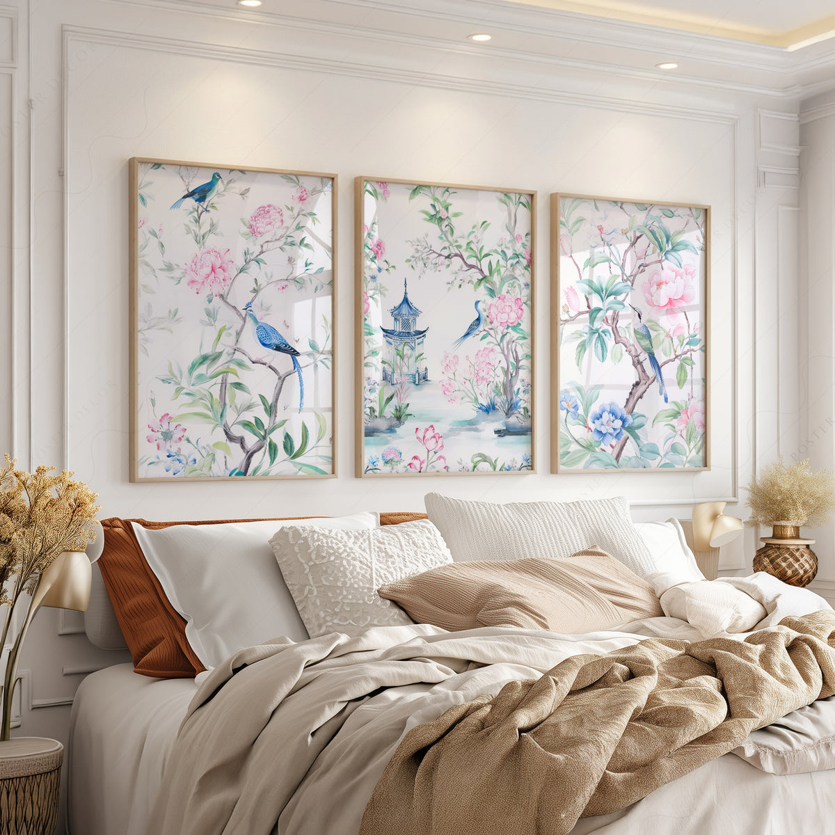 Chinoiserie Bird and Floral Print Set of 3 – Pink Botanical Wall Art – 55-12 — artwork preview 3