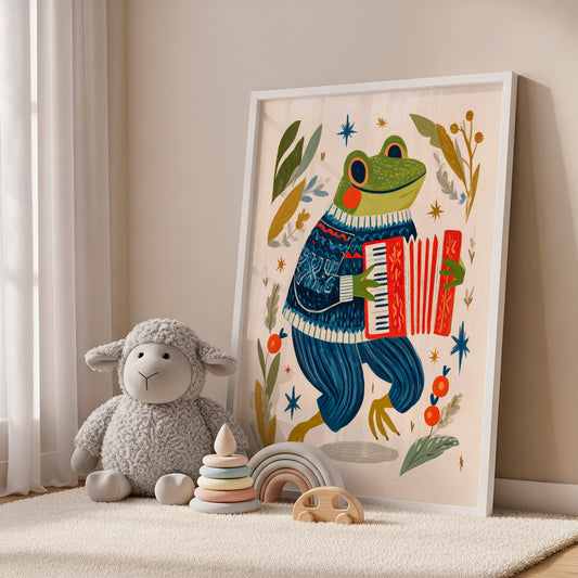 Accordion Frog Nursery Art Print – Whimsical Kids Room Wall Decor – 67-06 — artwork preview 11