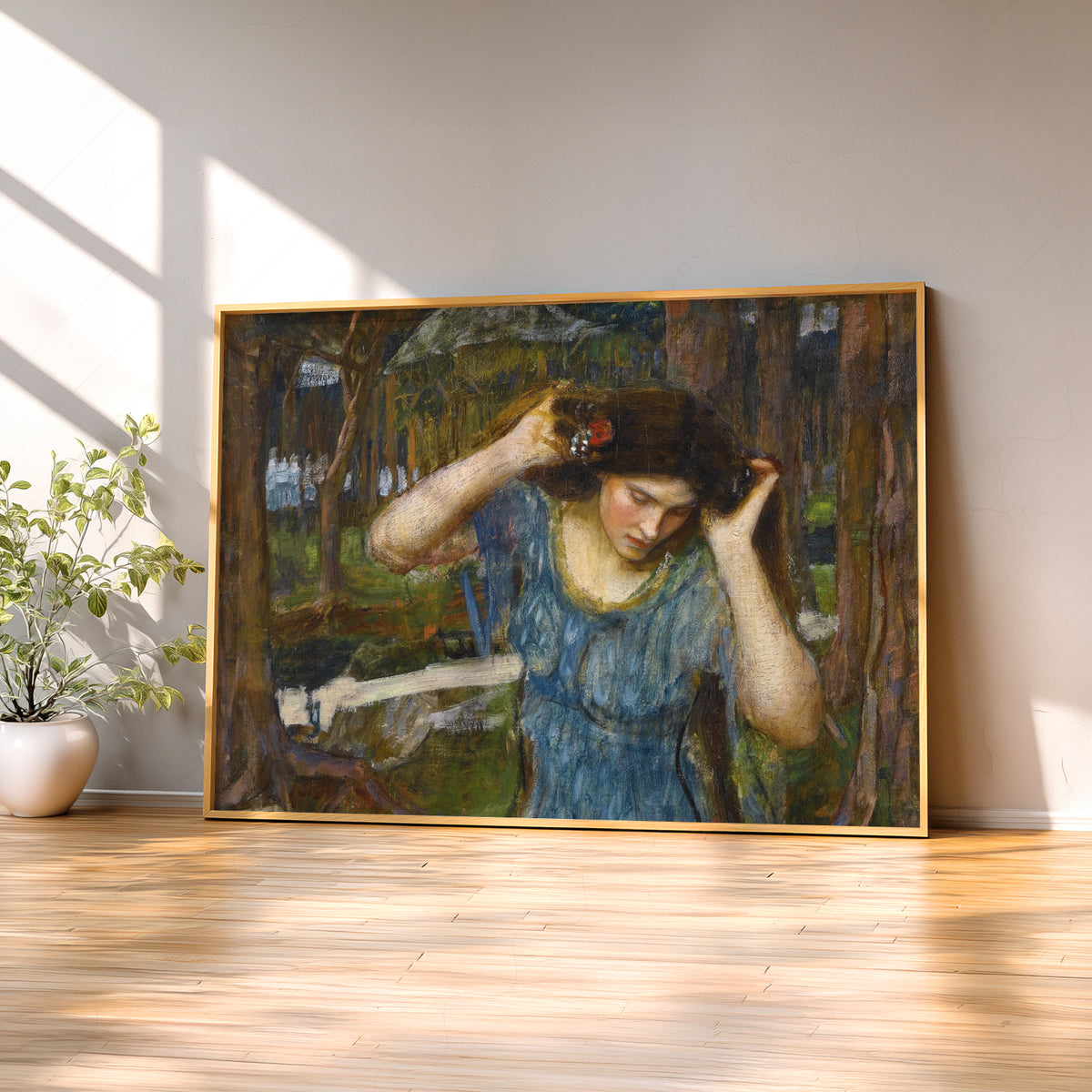 John William Waterhouse Woman in Blue in a Woodland Art Print — artwork preview 2