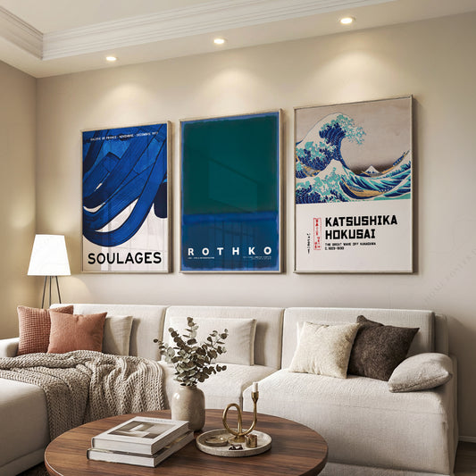 Blue Gallery Wall Set of 3 Prints – Hokusai Rothko Soulages Wall Art — artwork preview 7