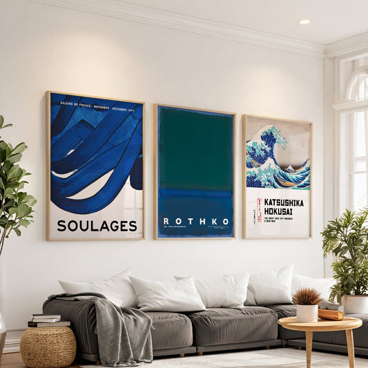 Blue Gallery Wall Set of 3 Prints – Hokusai Rothko Soulages Wall Art — artwork preview 1