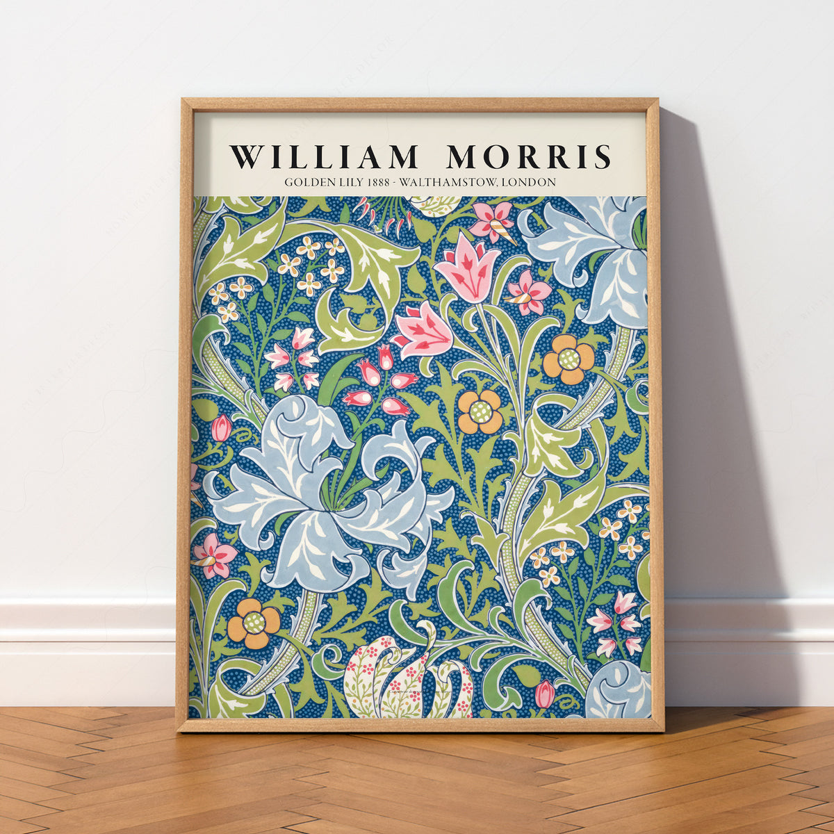 William Morris Golden Lily Blue Botanical Pattern Art Print — artwork preview 2