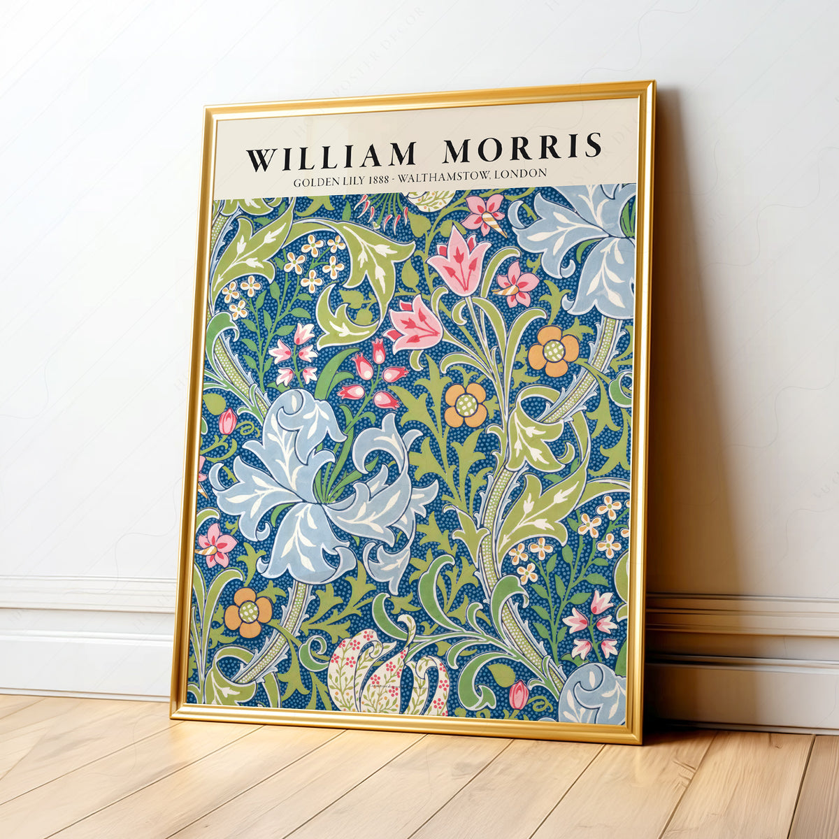 William Morris Golden Lily Blue Botanical Pattern Art Print — artwork preview 1