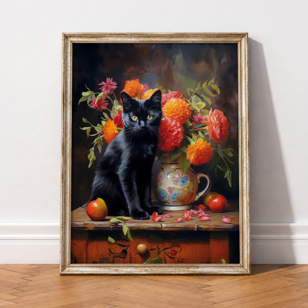 Black Cat Floral Still Life Art Print – Vintage Style Wall Decor Poster – 38-03 — artwork preview 2