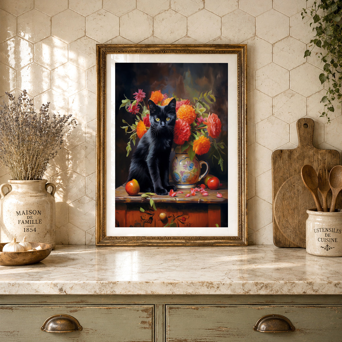 Black Cat Floral Still Life Art Print – Vintage Style Wall Decor Poster – 38-03 — artwork preview 24