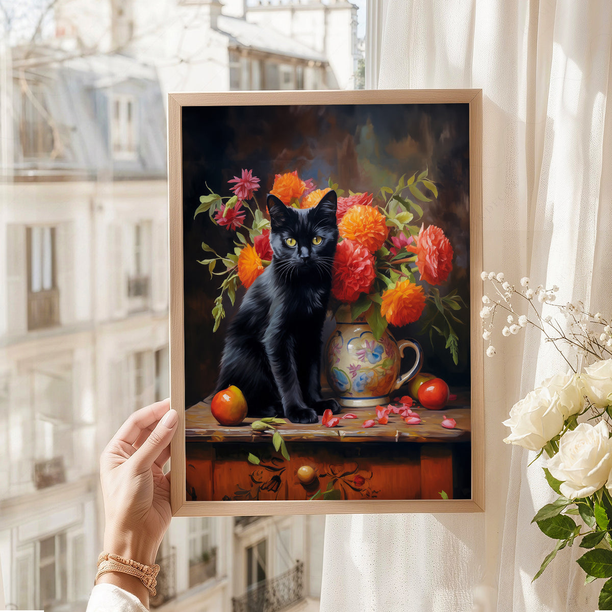 Black Cat Floral Still Life Art Print – Vintage Style Wall Decor Poster – 38-03 — artwork preview 8