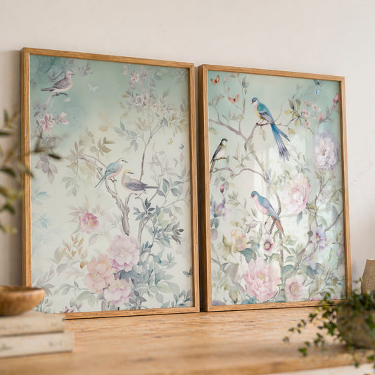 Chinoiserie Bird and Floral Print Set of 2 – Soft Pastel Nursery Wall Art – 55-02 — artwork preview 8