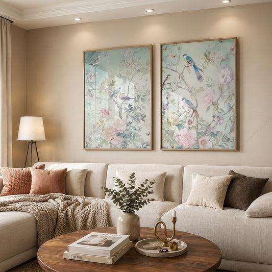 Chinoiserie Bird and Floral Print Set of 2 – Soft Pastel Nursery Wall Art – 55-02 — artwork preview 12