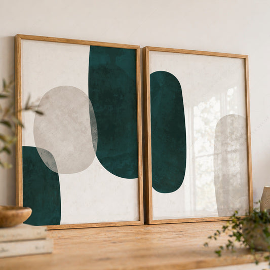 Mid-Century Modern Abstract Print Set – Emerald Green Organic Shapes Wall Art – 51-02 — artwork preview 8