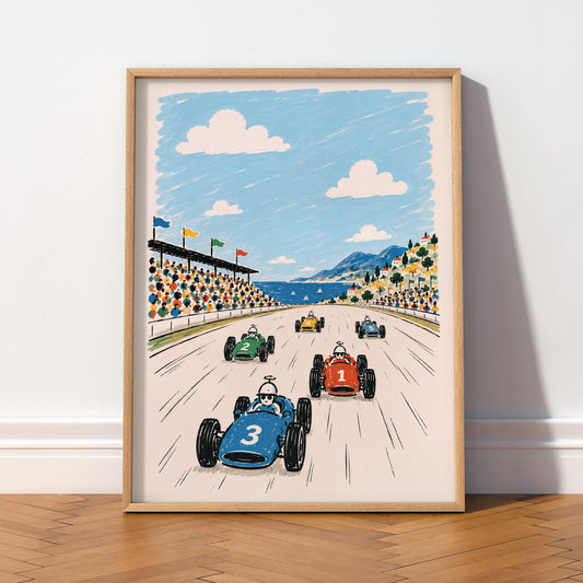 Vintage Race Car Art Print – Colorful Motorsport Nursery Wall Art – 64-23 — artwork preview 2