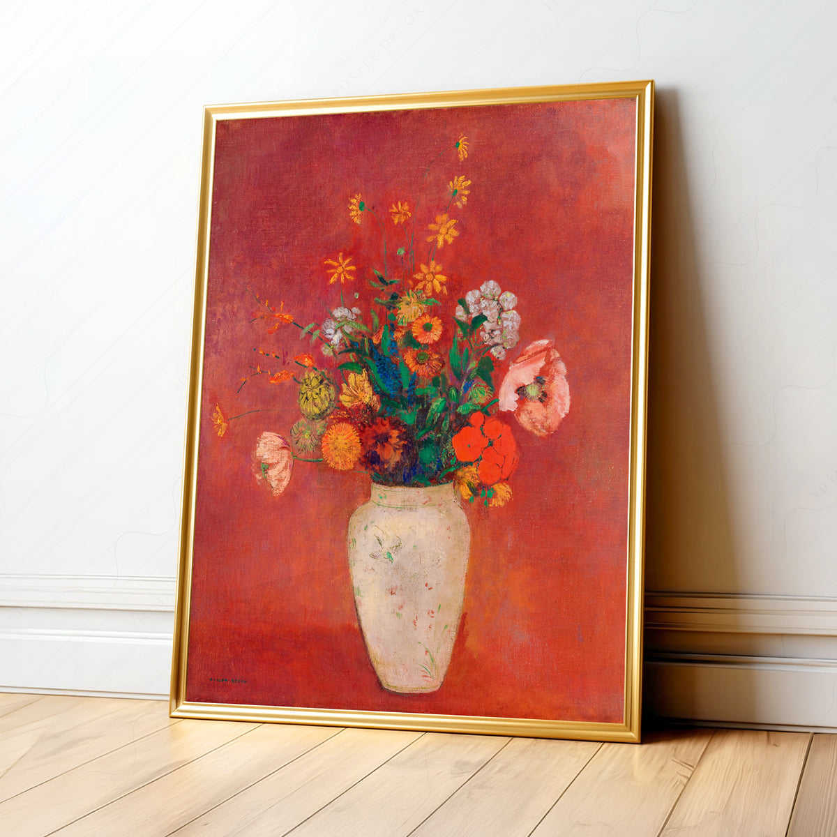 Odilon Redon Flowers against a Red Background Art Print — artwork preview 1