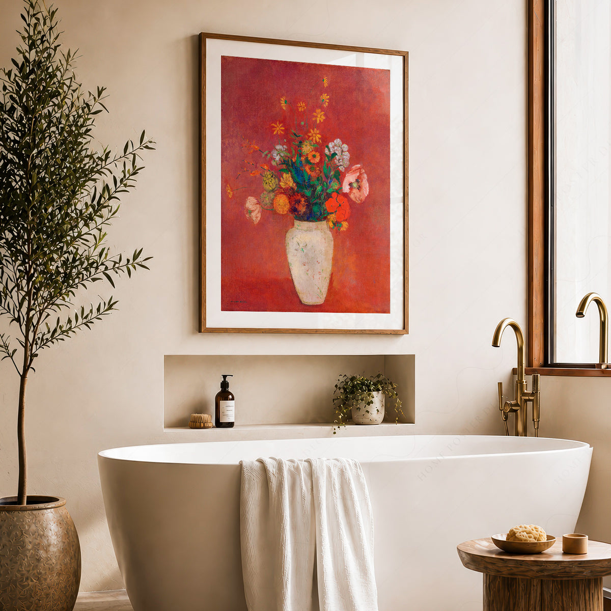 Odilon Redon Flowers against a Red Background Art Print — artwork preview 22