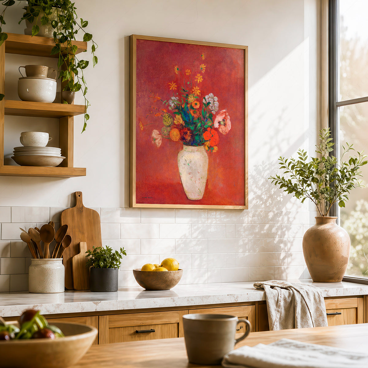Odilon Redon Flowers against a Red Background Art Print — artwork preview 23