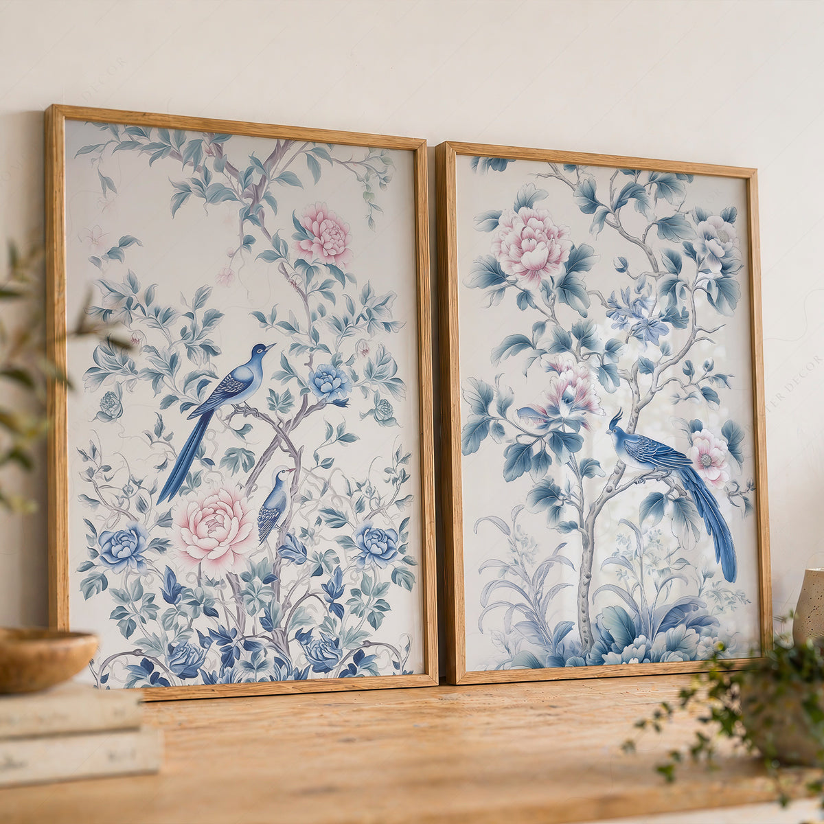 Blue Bird and Floral Print Set of 2 – Chinoiserie Wall Art – 55-08 — artwork preview 8