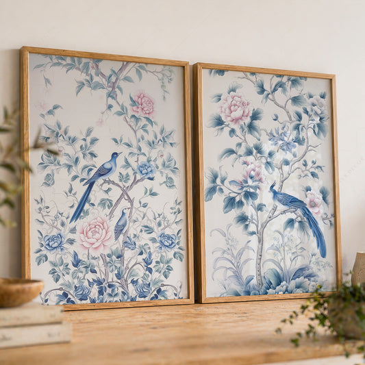 Blue Bird and Floral Print Set of 2 – Chinoiserie Wall Art – 55-08 — artwork preview 8