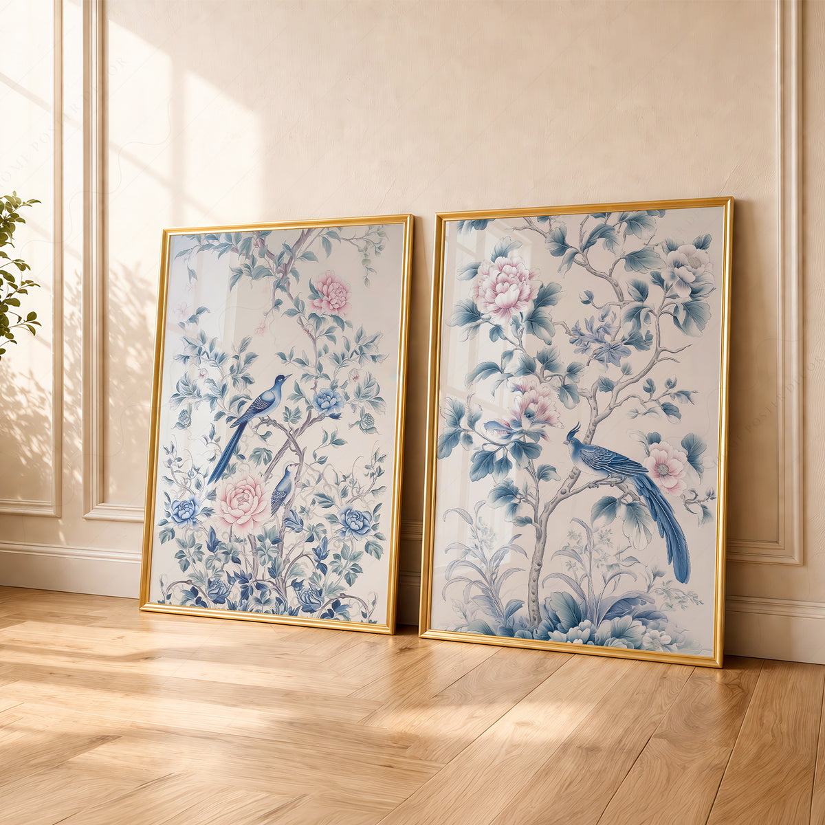 Blue Bird and Floral Print Set of 2 – Chinoiserie Wall Art – 55-08 — artwork preview 13