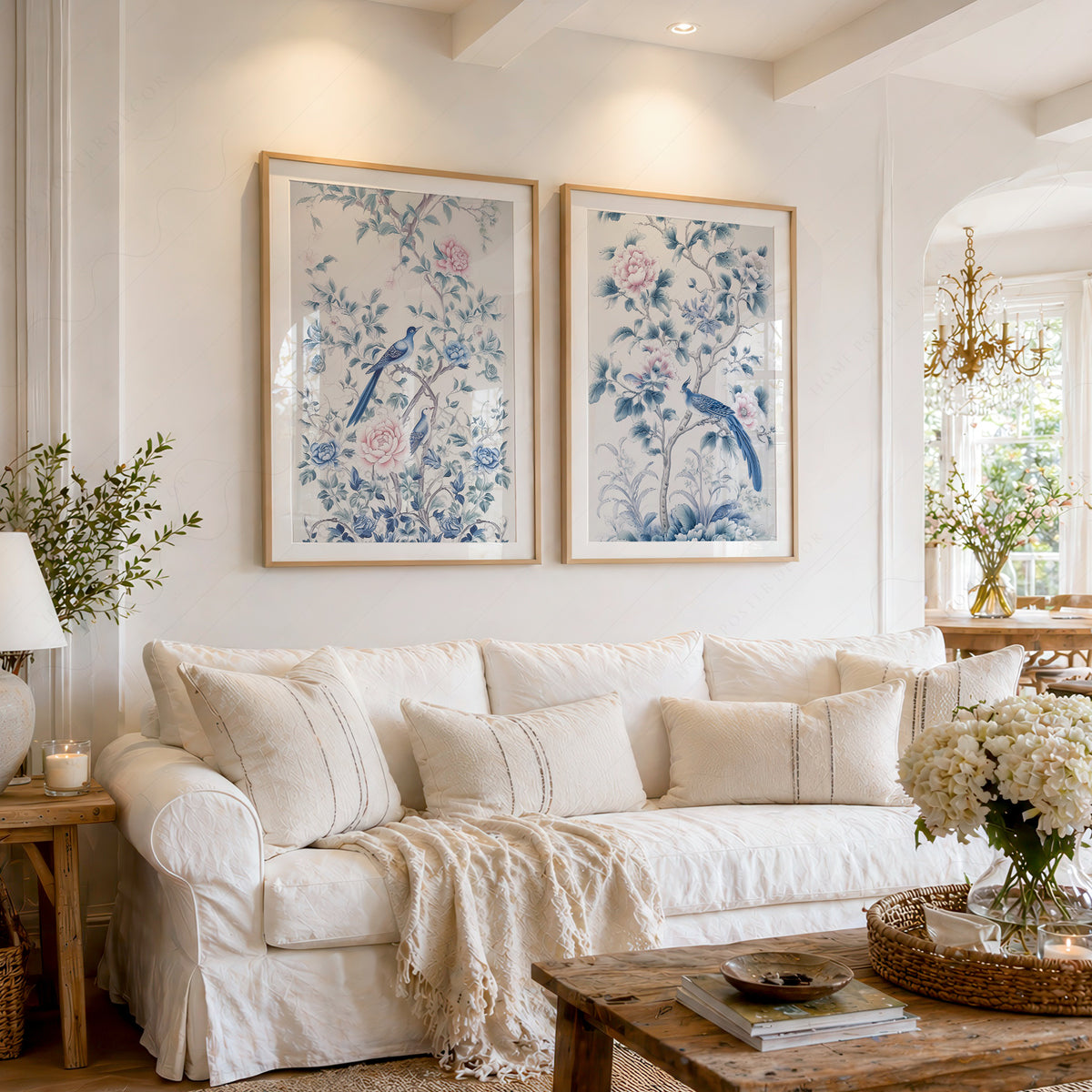 Blue Bird and Floral Print Set of 2 – Chinoiserie Wall Art – 55-08 — artwork preview 1