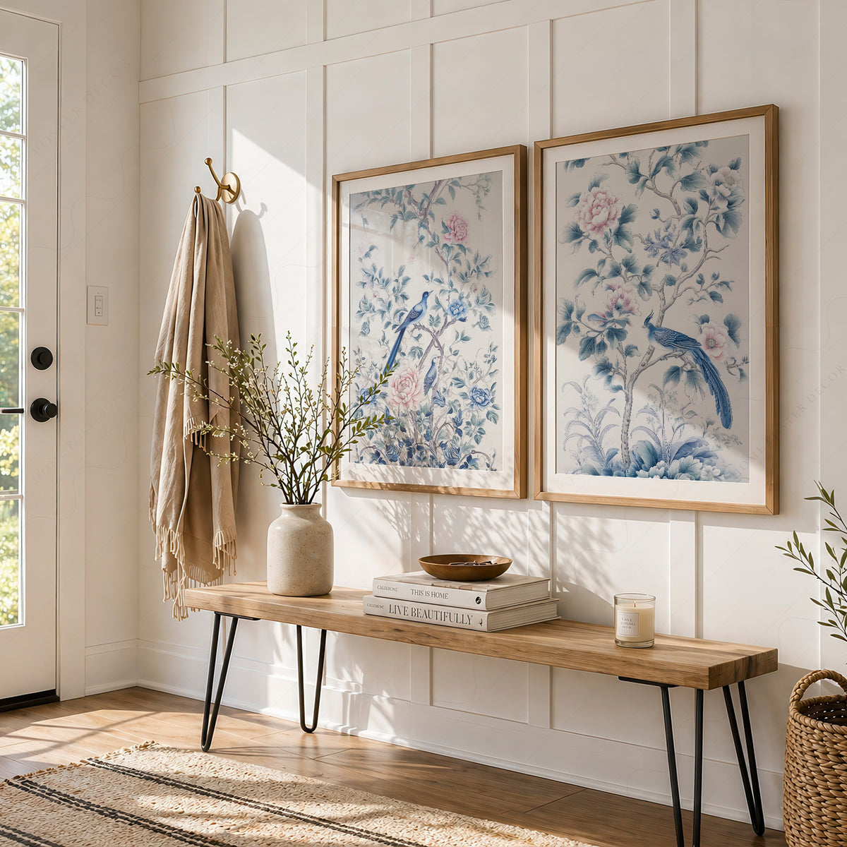 Blue Bird and Floral Print Set of 2 – Chinoiserie Wall Art – 55-08 — artwork preview 5