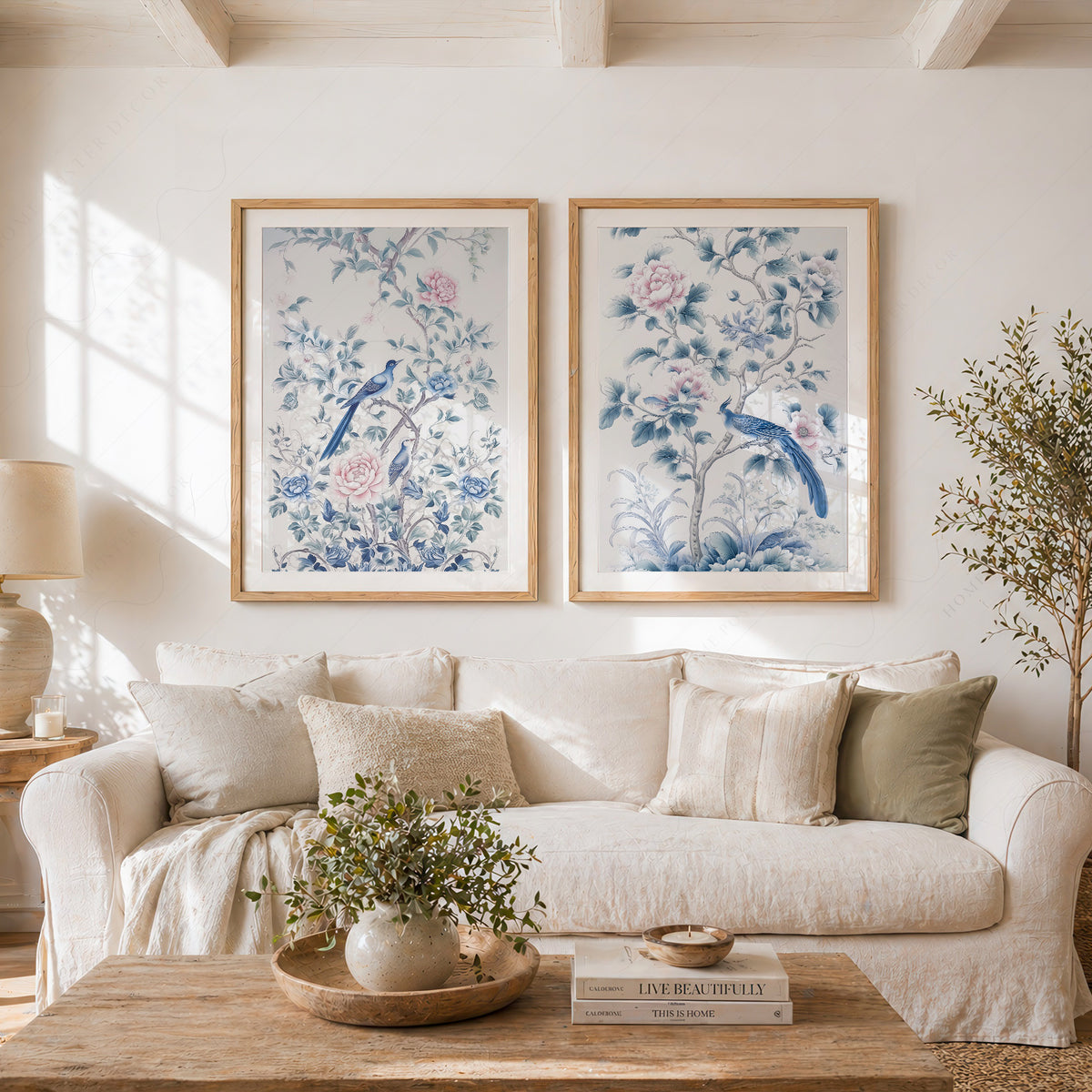 Blue Bird and Floral Print Set of 2 – Chinoiserie Wall Art – 55-08 — artwork preview 11