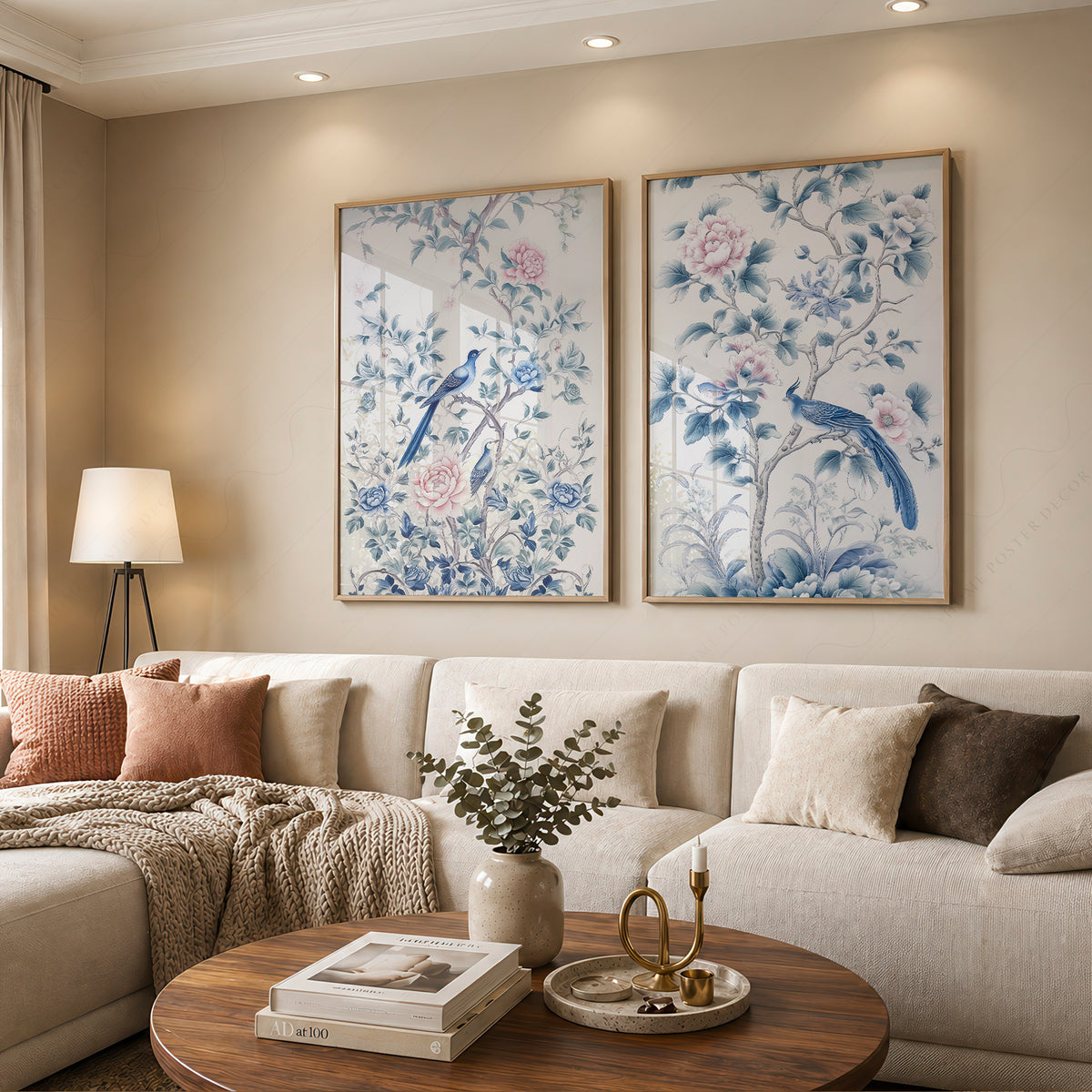 Blue Bird and Floral Print Set of 2 – Chinoiserie Wall Art – 55-08 — artwork preview 12
